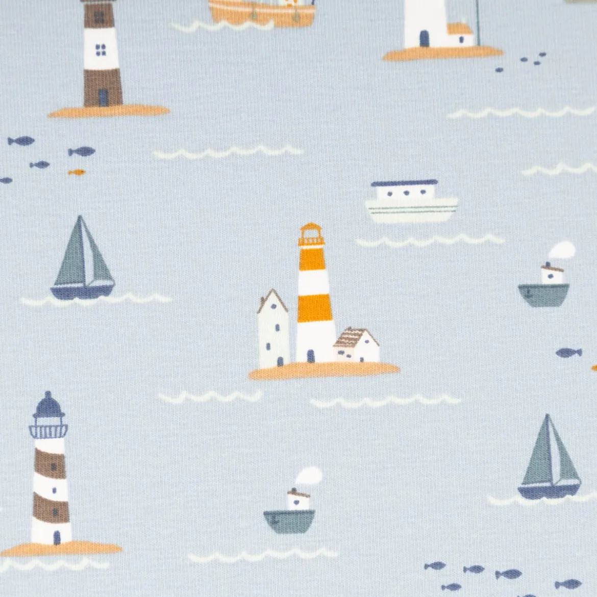 Jersey Stoff Baumwolljersey Leuchtturm Boote Meer hellblau 1,45m Breite