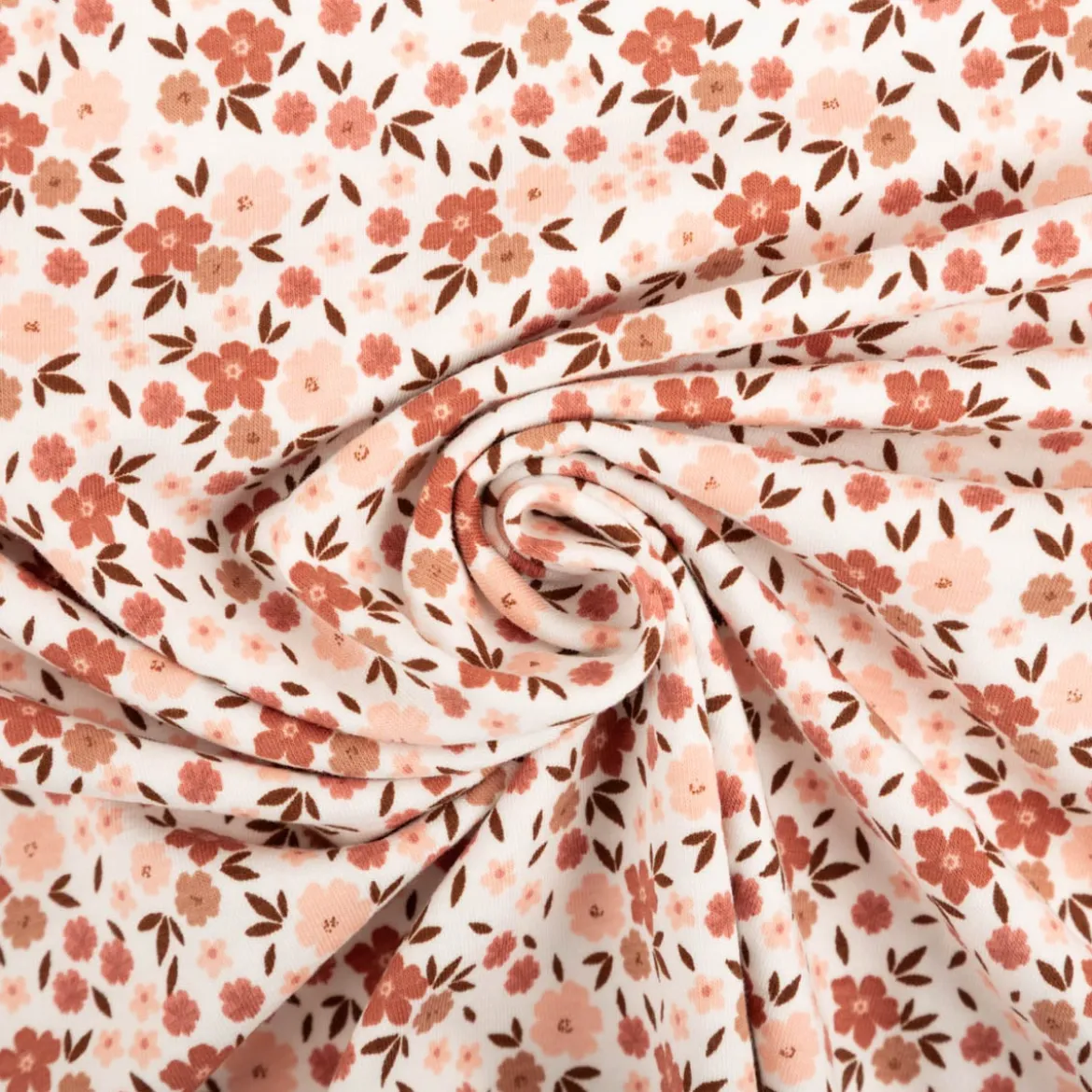 Jersey Stoff Baumwolljersey Blumen wollweiß rosa braun 1,50m Breite