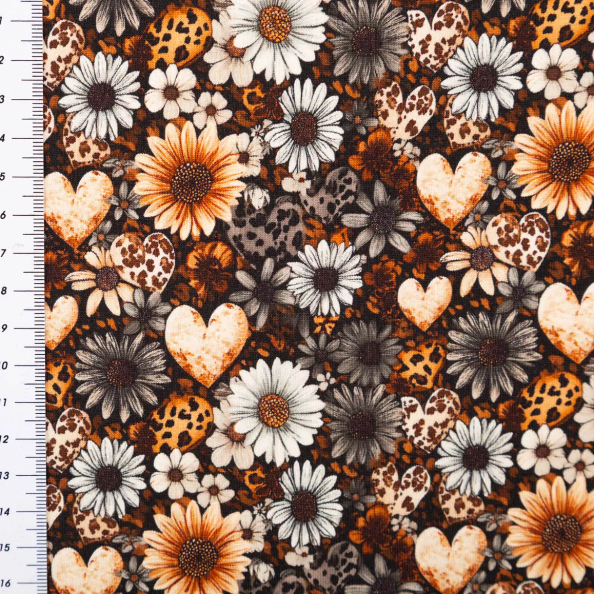 Jersey Stoff Baumwolljersey Digitaldruck Daisy Leo Herzen Blumen petrol orange weiß 1,5m Breite