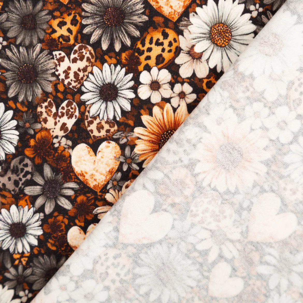 Jersey Stoff Baumwolljersey Digitaldruck Daisy Leo Herzen Blumen petrol orange weiß 1,5m Breite