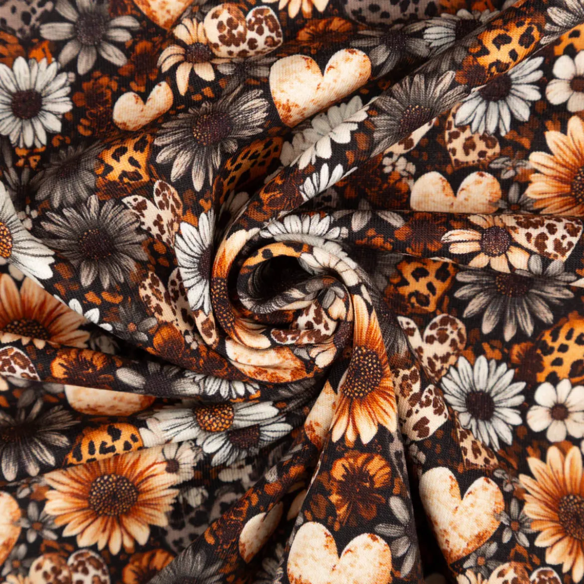 Jersey Stoff Baumwolljersey Digitaldruck Daisy Leo Herzen Blumen petrol orange weiß 1,5m Breite