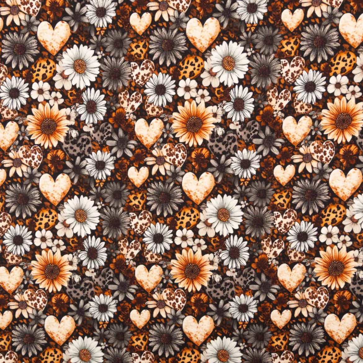 Jersey Stoff Baumwolljersey Digitaldruck Daisy Leo Herzen Blumen petrol orange weiß 1,5m Breite