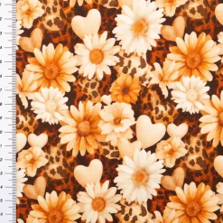 Jersey Stoff Baumwolljersey Digitaldruck Daisy Leo Herzen Blumen beige caramel braun 1,5m Breite