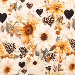 Jersey Stoff Baumwolljersey Digitaldruck Daisy Leo Herzen Blumen creme senfgelb schwarz 1,5m Breite
