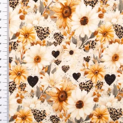 Jersey Stoff Baumwolljersey Digitaldruck Daisy Leo Herzen Blumen creme senfgelb schwarz 1,5m Breite