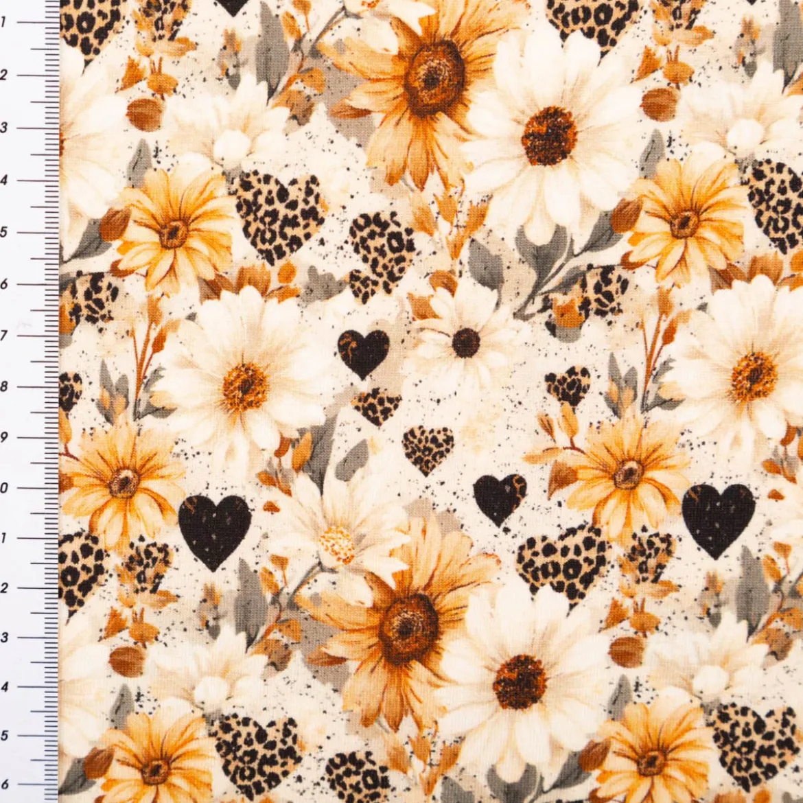 Jersey Stoff Baumwolljersey Digitaldruck Daisy Leo Herzen Blumen creme senfgelb schwarz 1,5m Breite