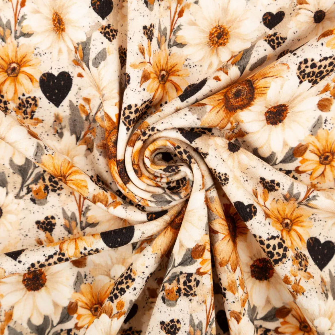 Jersey Stoff Baumwolljersey Digitaldruck Daisy Leo Herzen Blumen creme senfgelb schwarz 1,5m Breite