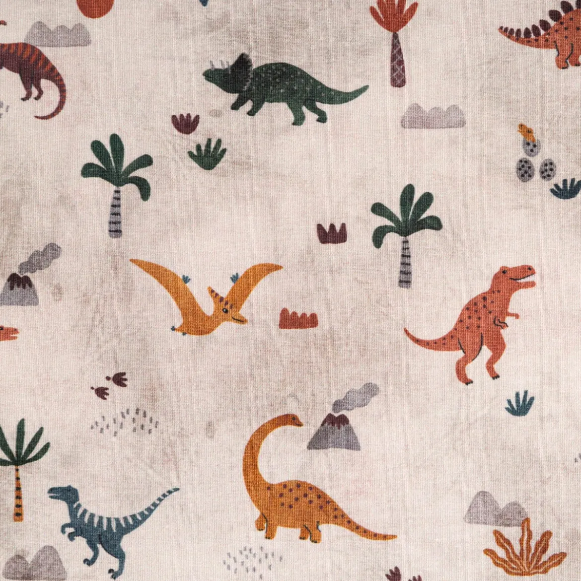Jersey Stoff Digitaldruck Dinos Vulkan Palmen beige braun 1,45m Breite