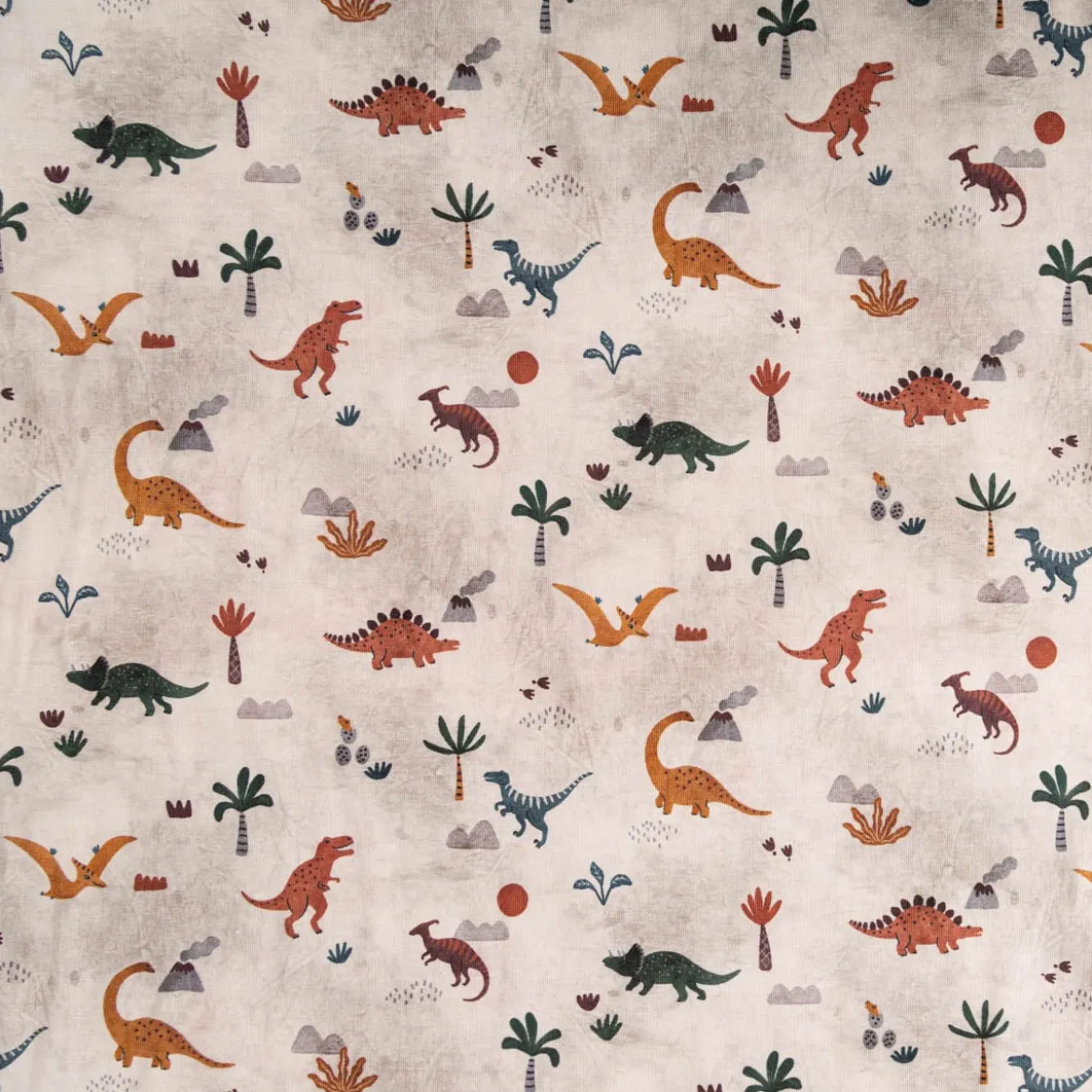 Jersey Stoff Digitaldruck Dinos Vulkan Palmen beige braun 1,45m Breite