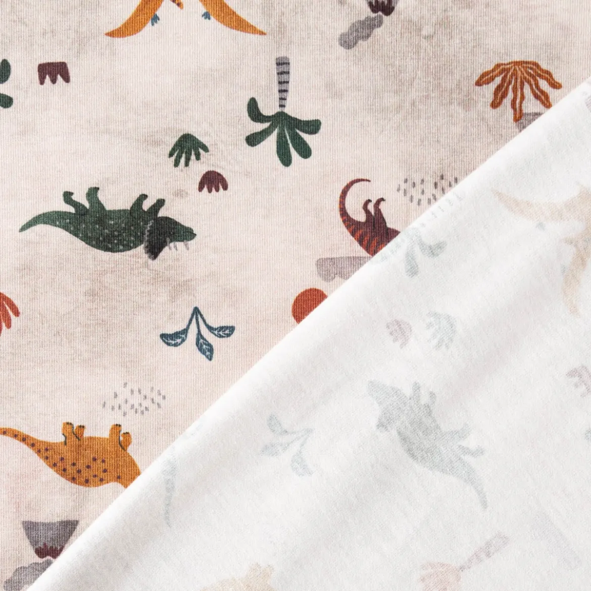 Jersey Stoff Digitaldruck Dinos Vulkan Palmen beige braun 1,45m Breite