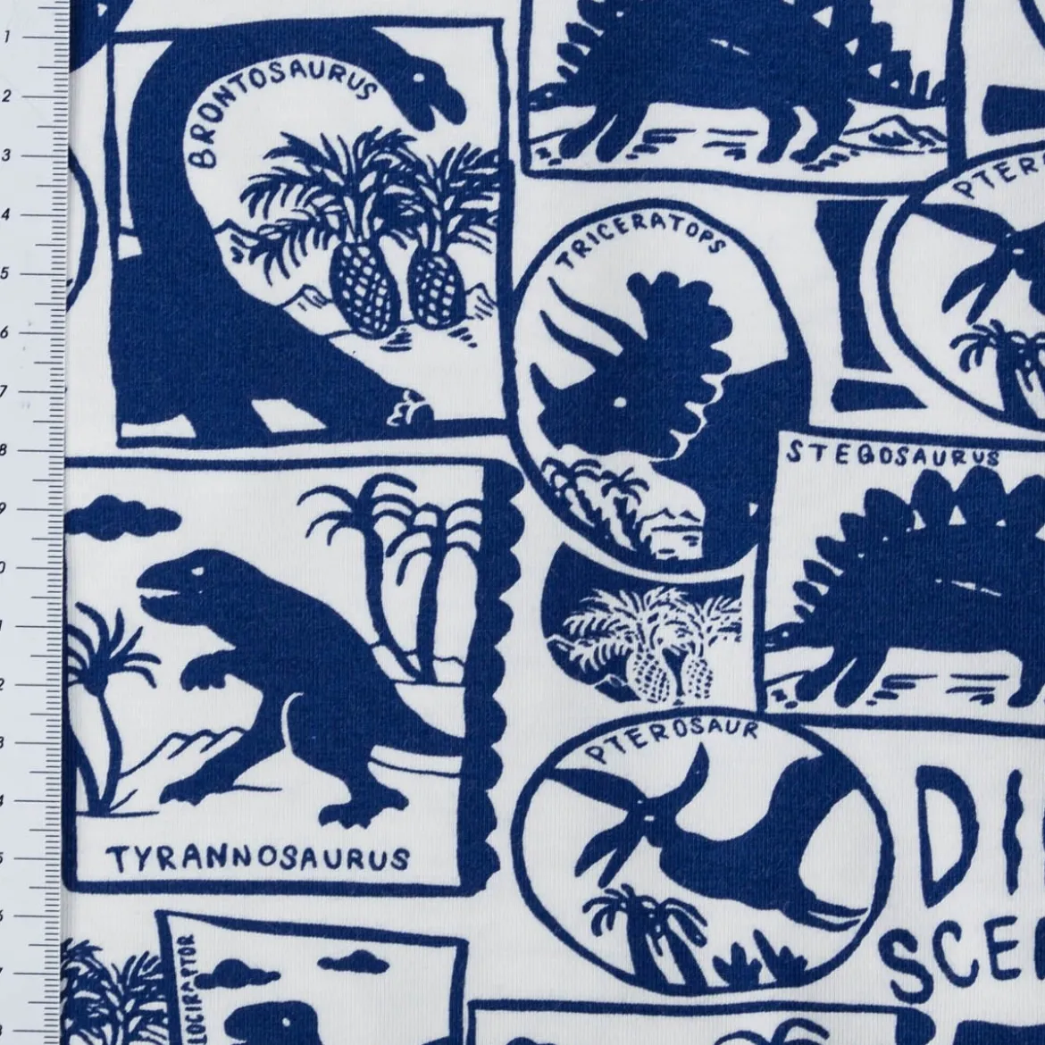 Jersey Stoff DINO SCENIC Dinosaurier weiß blau 1,5m Breite