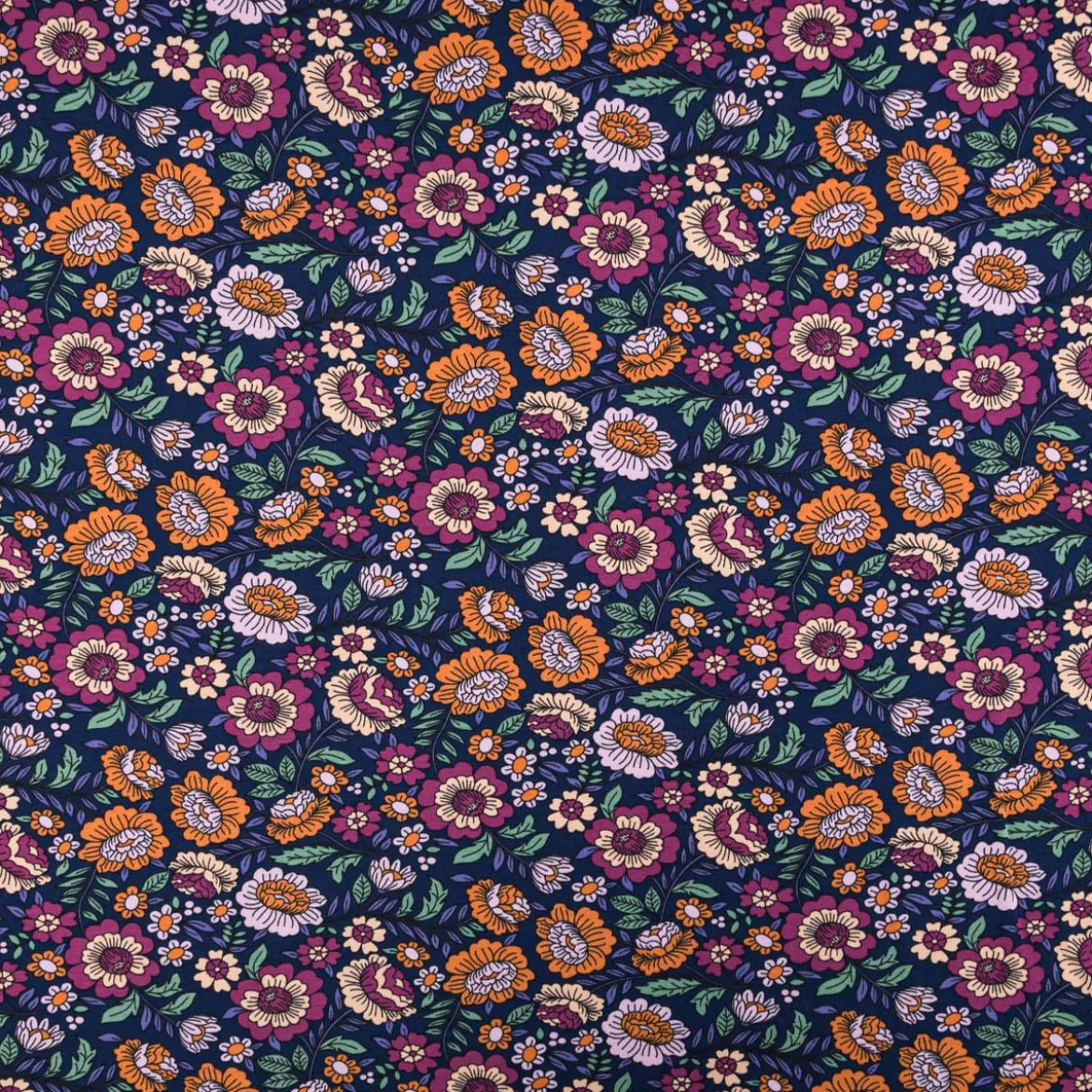 Jersey Stoff FLOWERS Blumen Blätter dunkelblau bunt 1,5m Breite