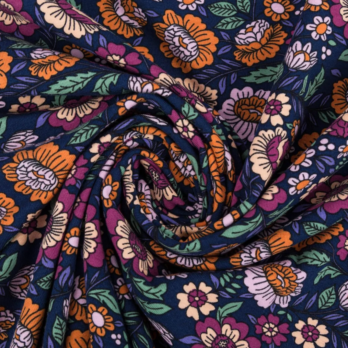 Jersey Stoff FLOWERS Blumen Blätter dunkelblau bunt 1,5m Breite