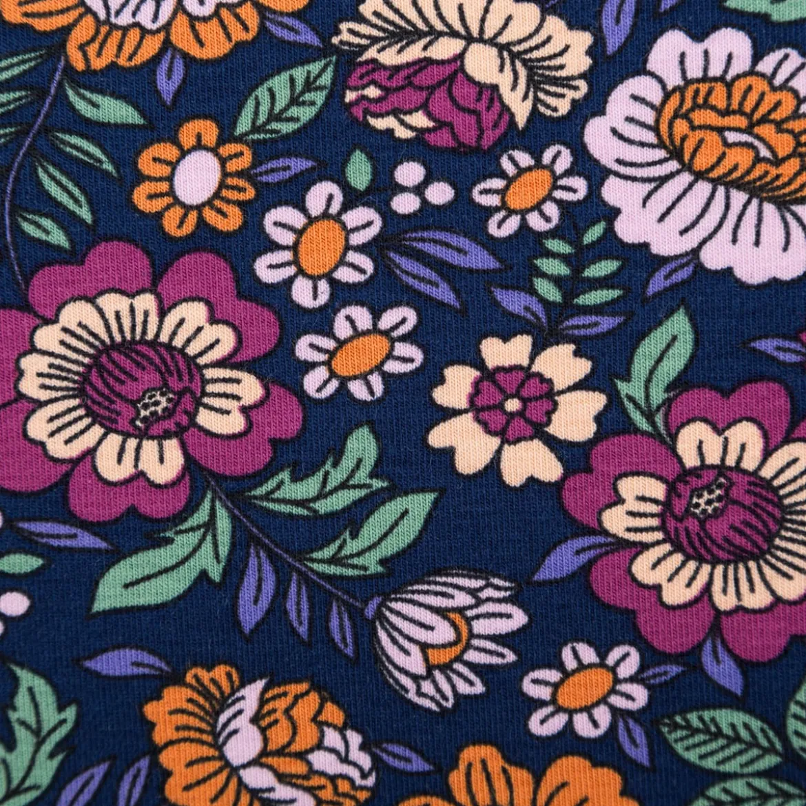 Jersey Stoff FLOWERS Blumen Blätter dunkelblau bunt 1,5m Breite