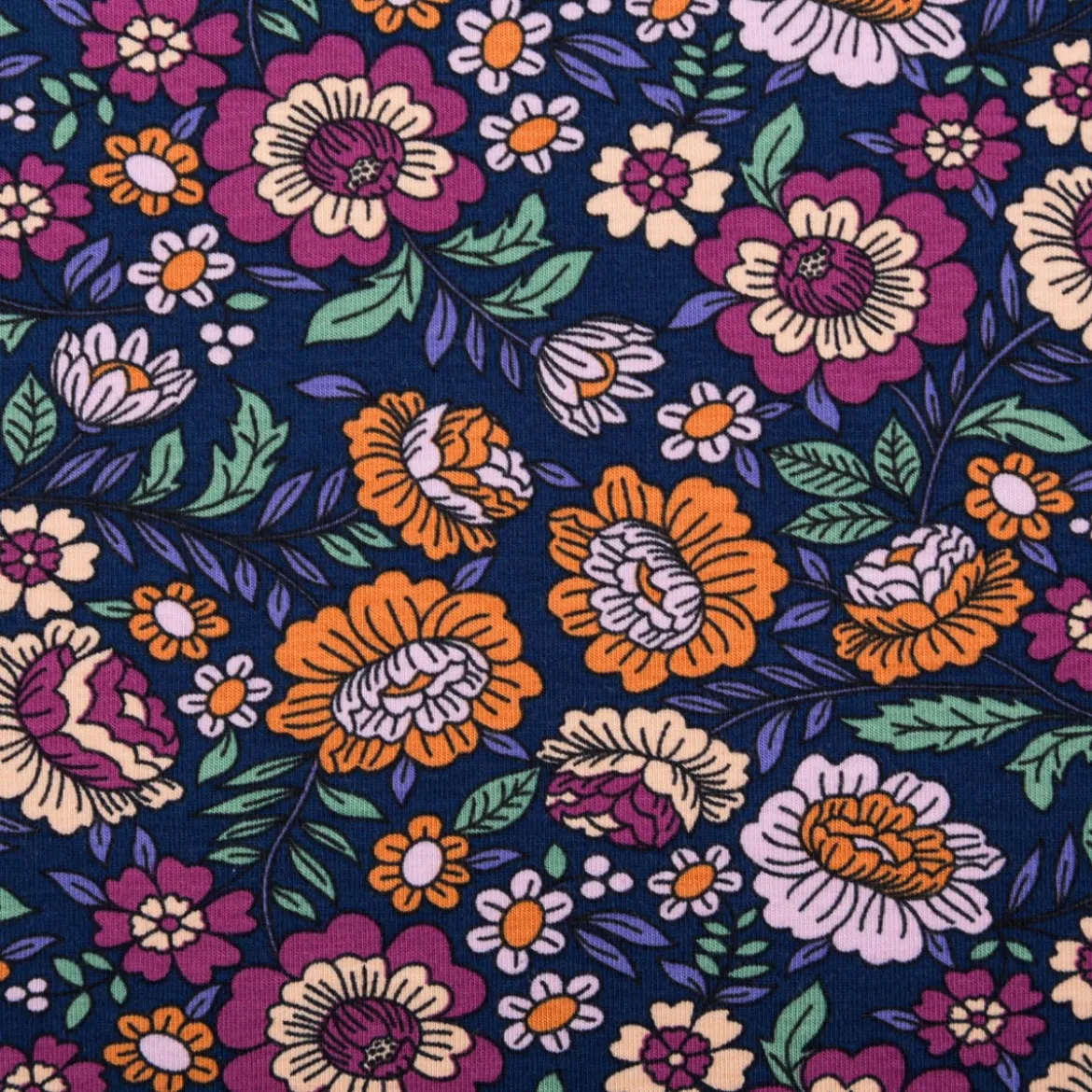 Jersey Stoff FLOWERS Blumen Blätter dunkelblau bunt 1,5m Breite