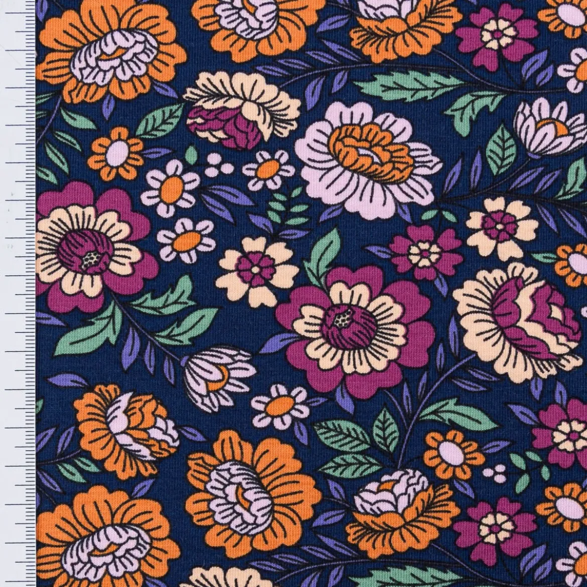 Jersey Stoff FLOWERS Blumen Blätter dunkelblau bunt 1,5m Breite