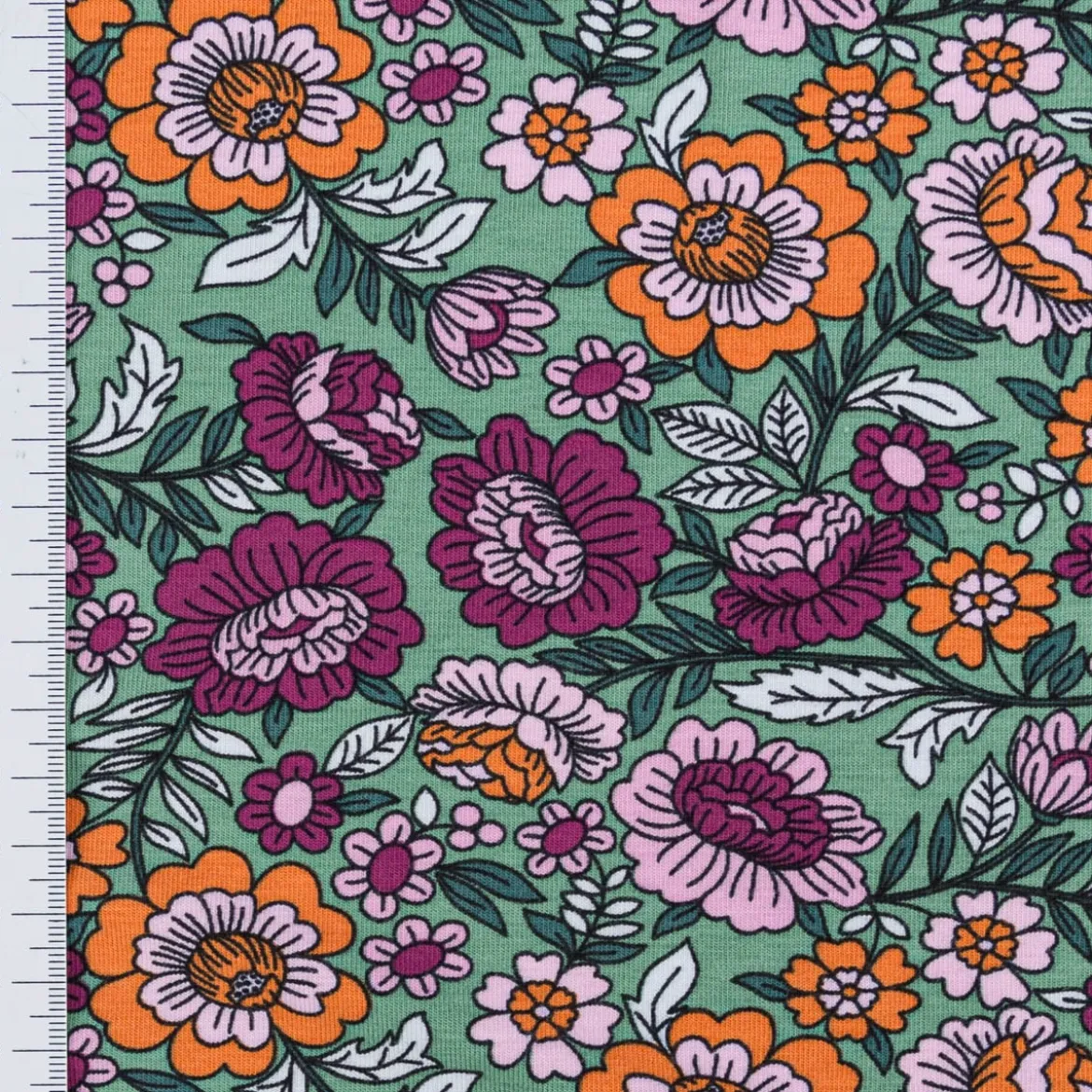 Jersey Stoff FLOWERS Blumen Blätter grün bunt 1,5m Breite