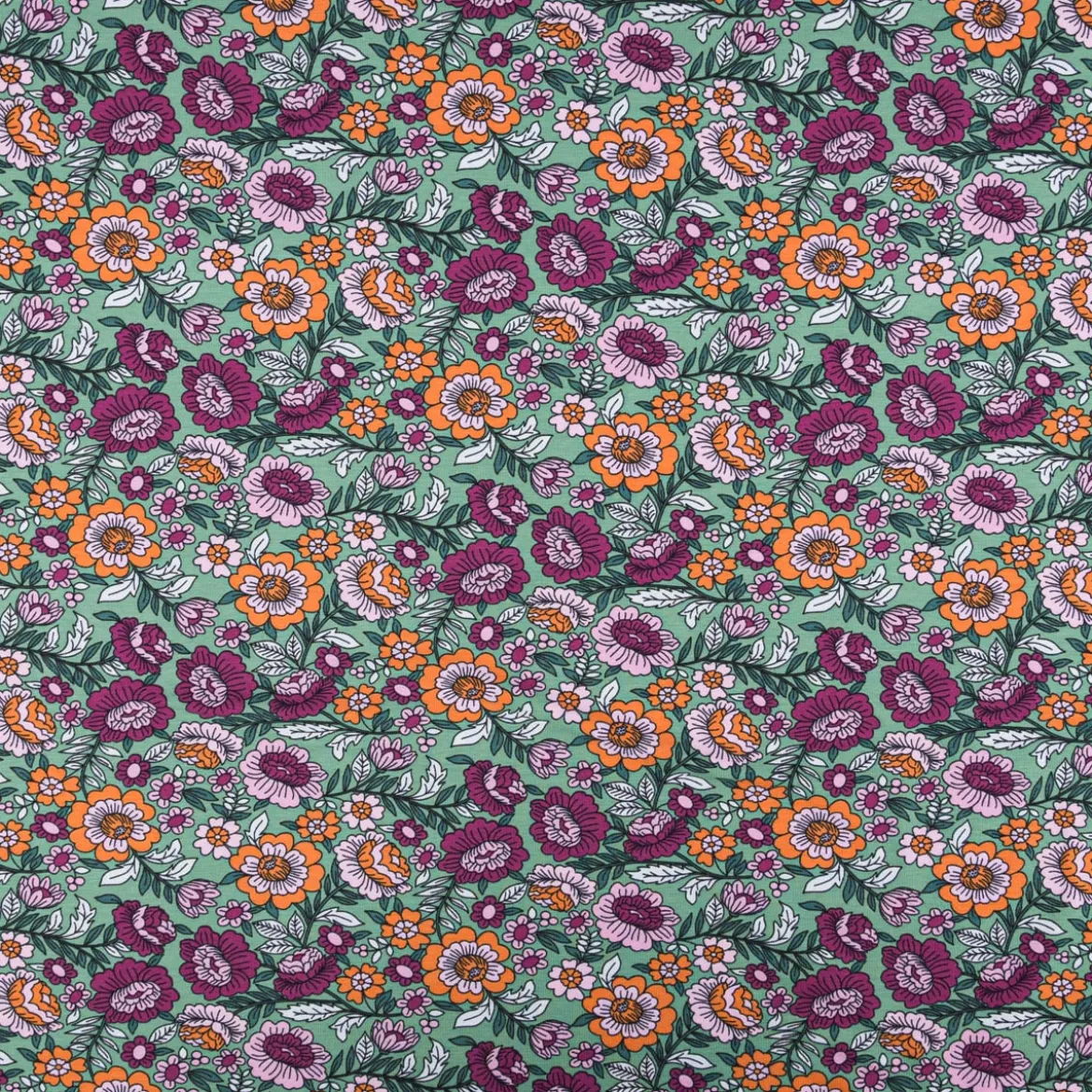 Jersey Stoff FLOWERS Blumen Blätter grün bunt 1,5m Breite