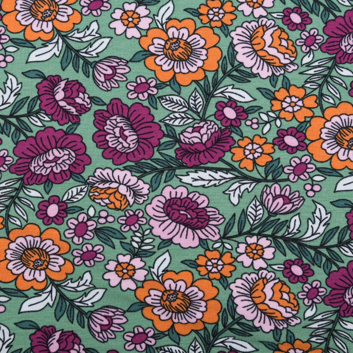 Jersey Stoff FLOWERS Blumen Blätter grün bunt 1,5m Breite