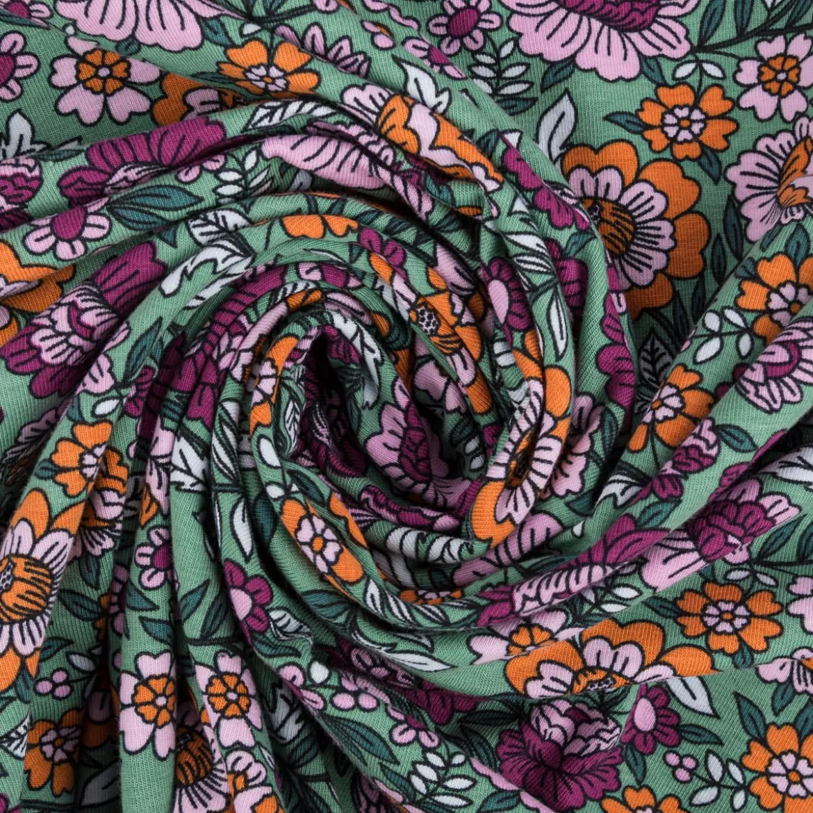 Jersey Stoff FLOWERS Blumen Blätter grün bunt 1,5m Breite
