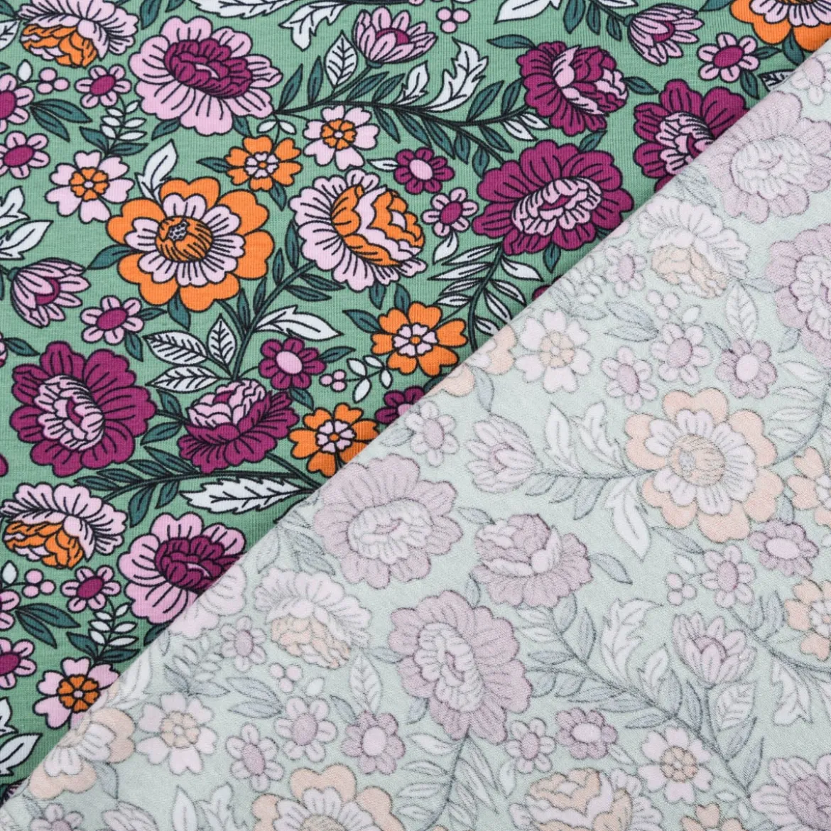 Jersey Stoff FLOWERS Blumen Blätter grün bunt 1,5m Breite