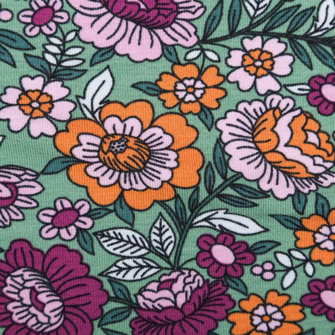 Jersey Stoff FLOWERS Blumen Blätter grün bunt 1,5m Breite