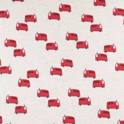 Jersey Stoff Melange FIRETRUCKS Feuerwehr Fahrzeuge ecru rot 1,45m Breite