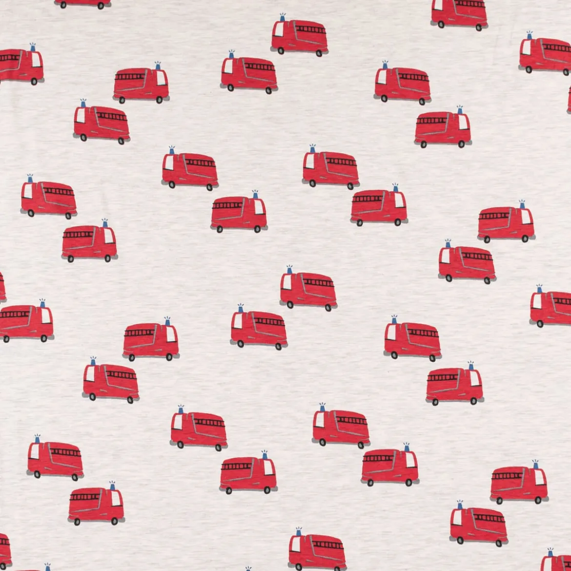 Jersey Stoff Melange FIRETRUCKS Feuerwehr Fahrzeuge ecru rot 1,45m Breite