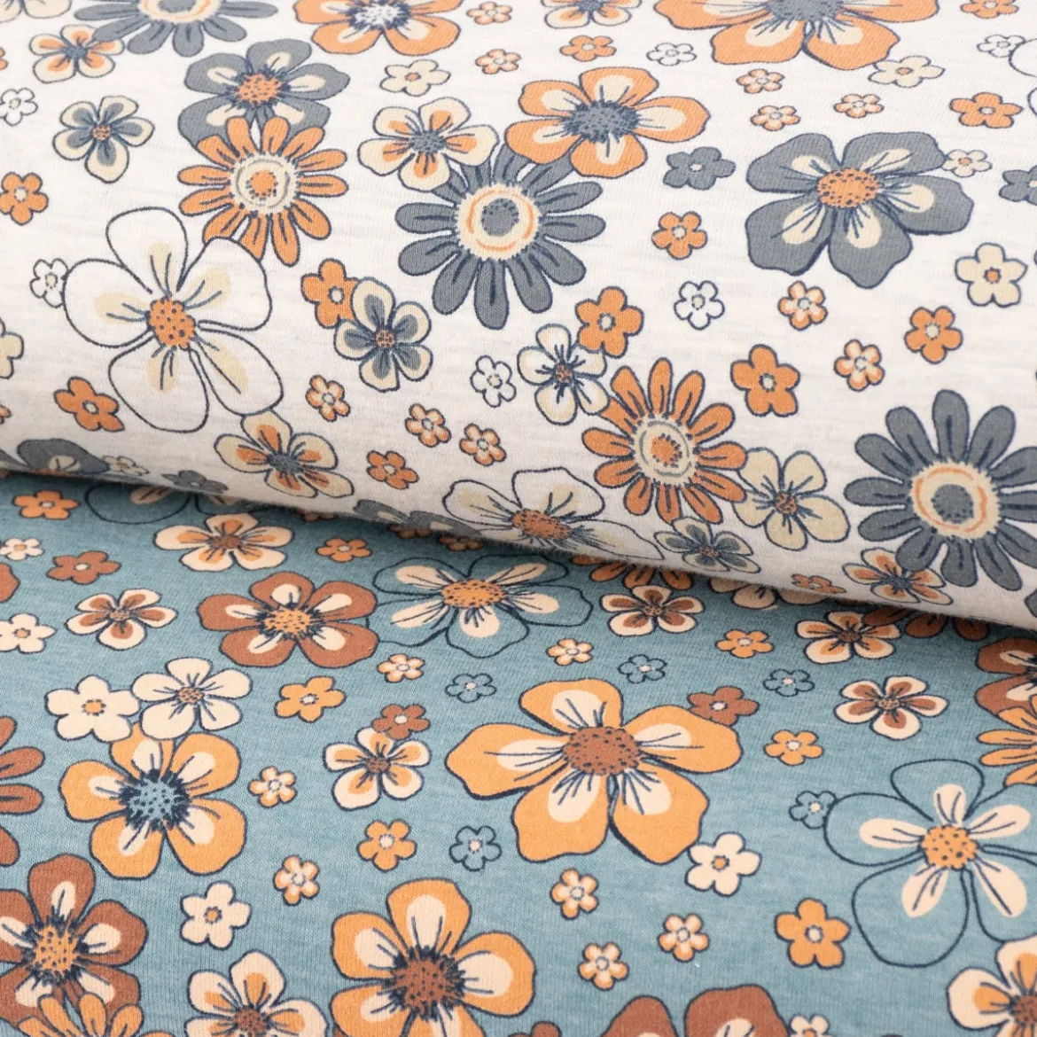 Jerseystoff Meterware Blumen Melange Flowers blau meliert 1,48m Breite