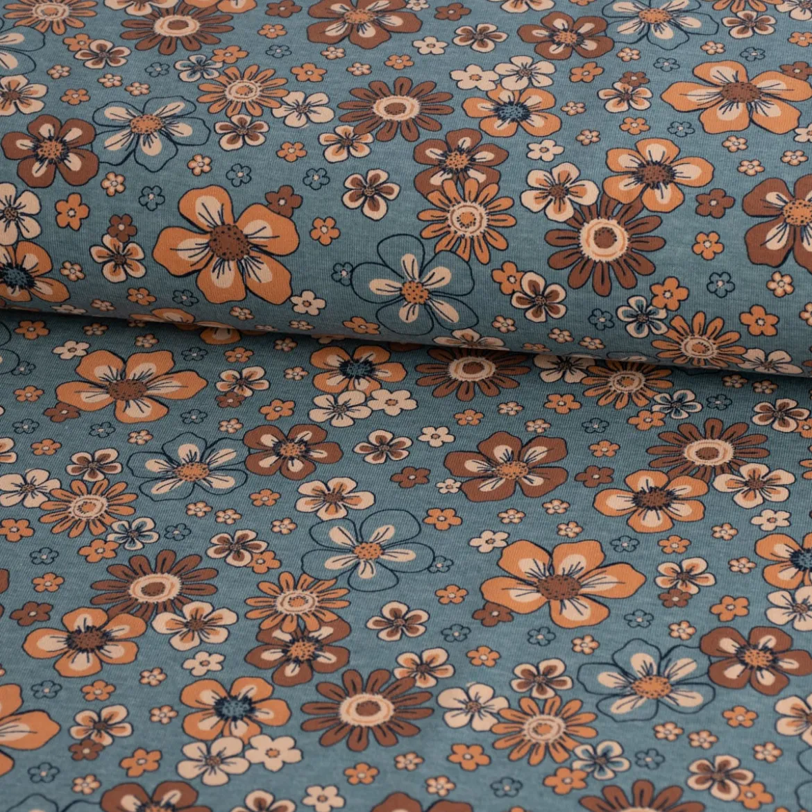 Jerseystoff Meterware Blumen Melange Flowers blau meliert 1,48m Breite