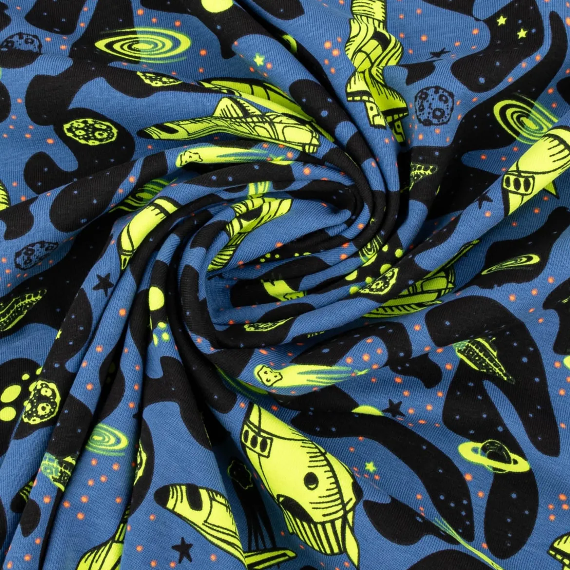 Jersey Stoff NEON SPACE Weltraum Rakete blau neon gelb 1,45m Breite