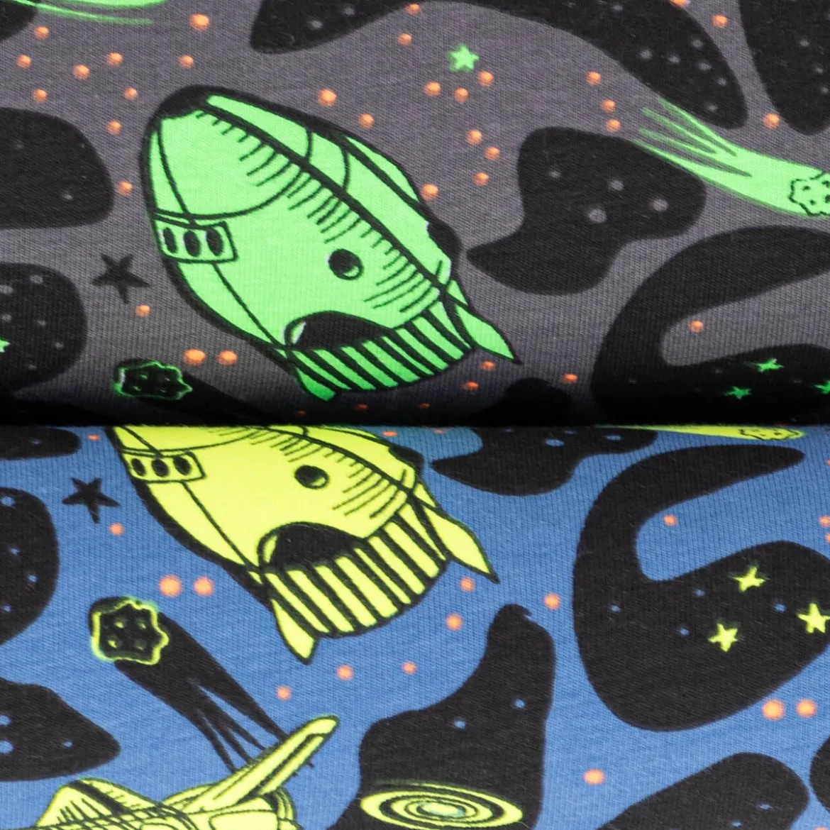 Jersey Stoff NEON SPACE Weltraum Rakete blau neon gelb 1,45m Breite