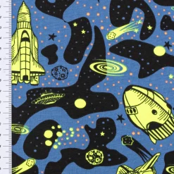 Jersey Stoff NEON SPACE Weltraum Rakete blau neon gelb 1,45m Breite