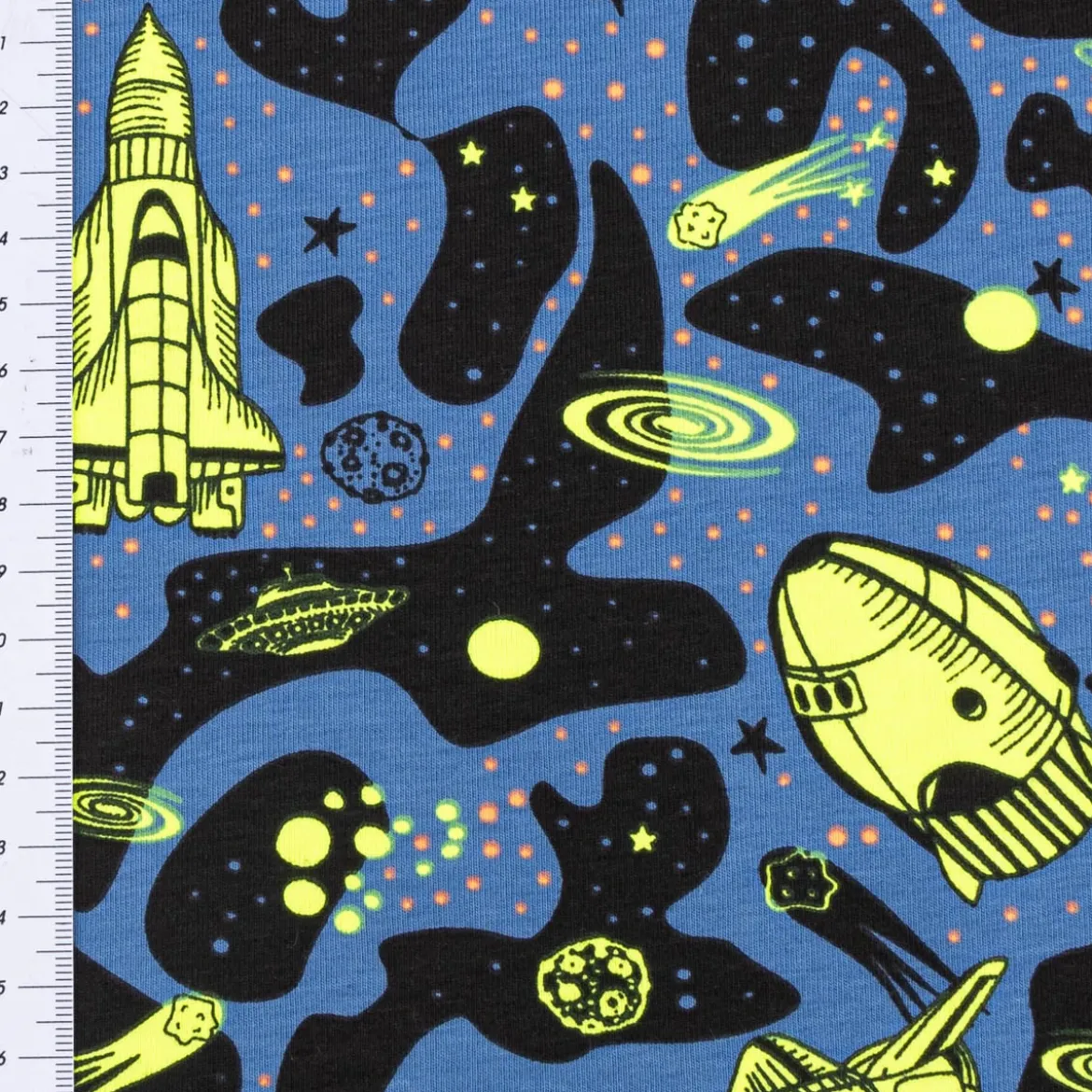 Jersey Stoff NEON SPACE Weltraum Rakete blau neon gelb 1,45m Breite