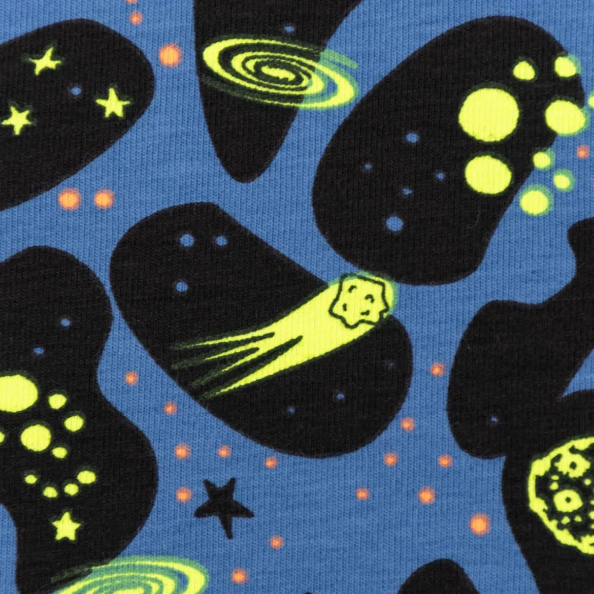 Jersey Stoff NEON SPACE Weltraum Rakete blau neon gelb 1,45m Breite