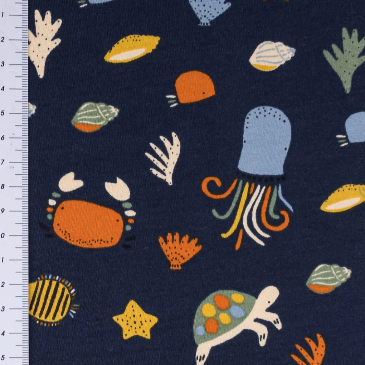 Jersey Stoff OCEAN ANIMALS Krabbe Schildkröte dunkel blau bunt 1,5m Breite