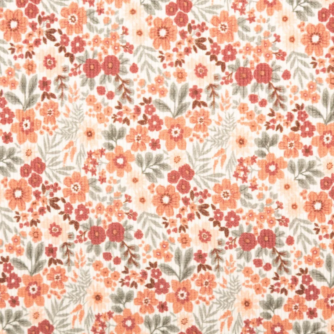 Jersey Stoff Rippjersey Baumwolle Blumen wollweiß orange grün 1,35m Breite