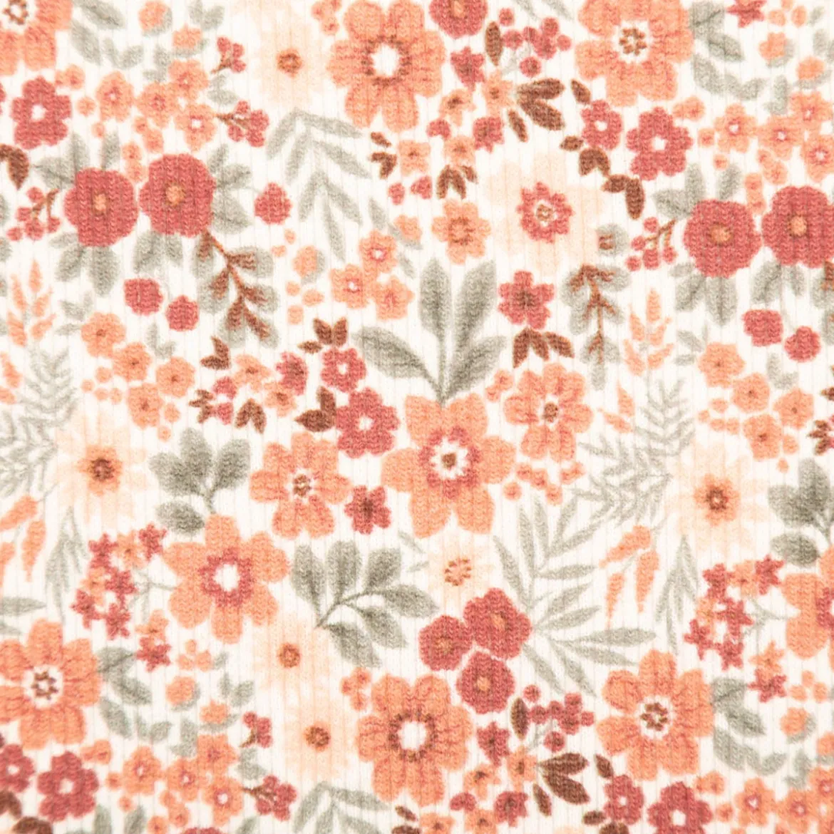 Jersey Stoff Rippjersey Baumwolle Blumen wollweiß orange grün 1,35m Breite