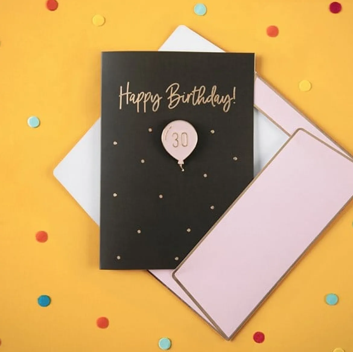 Karte mit Umschlag Happy Birthday 30 mit Emaille Anstecker Luftballon schwarz rosa goldfarbig 14,8x10,5cm