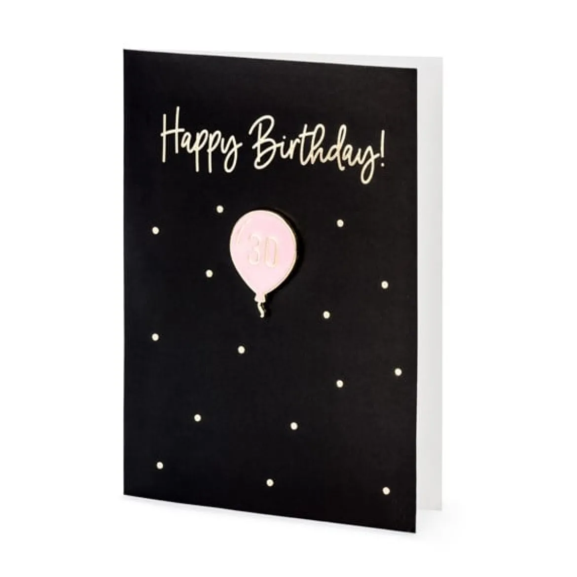 Karte mit Umschlag Happy Birthday 30 mit Emaille Anstecker Luftballon schwarz rosa goldfarbig 14,8x10,5cm