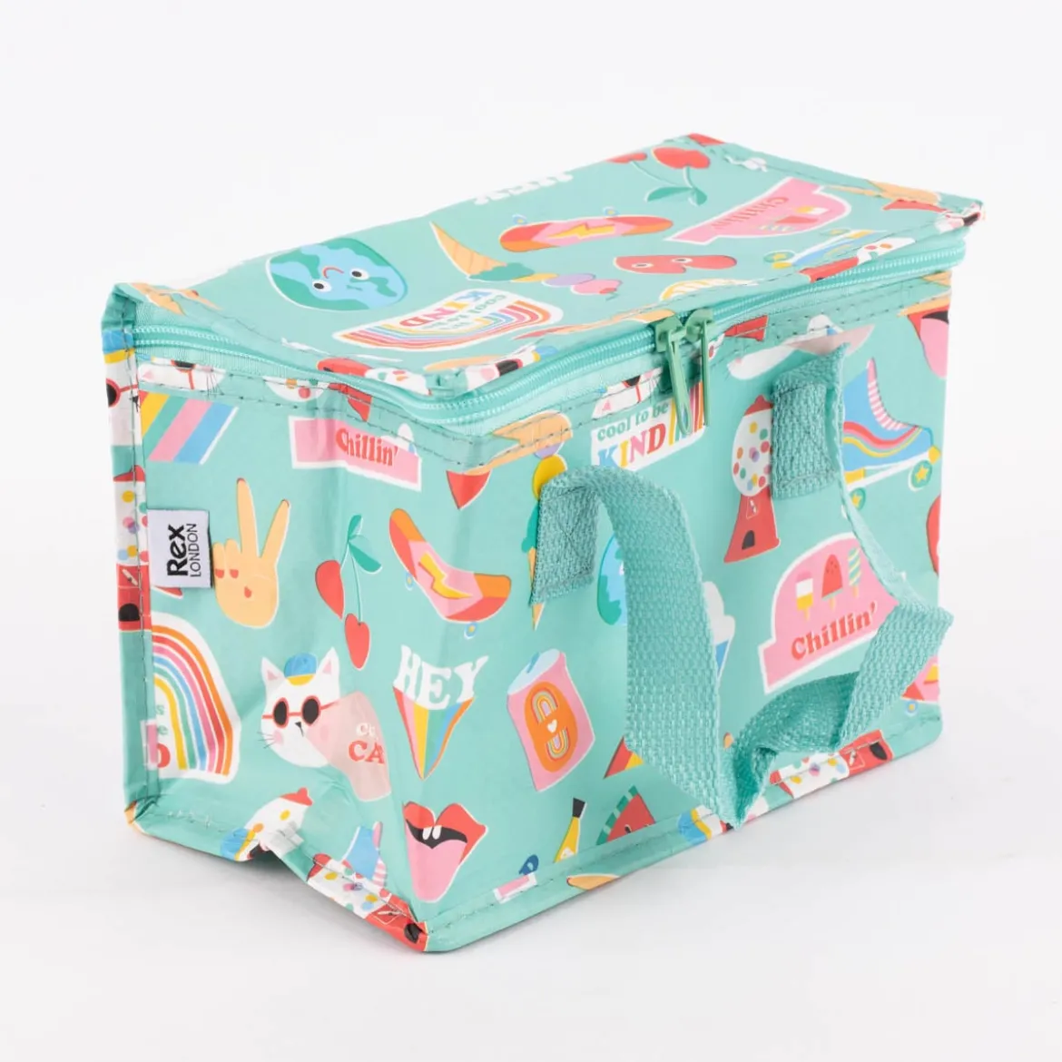Kühltasche Happy Time aus recycelten Material türkisblau bunt 21x12x16cm