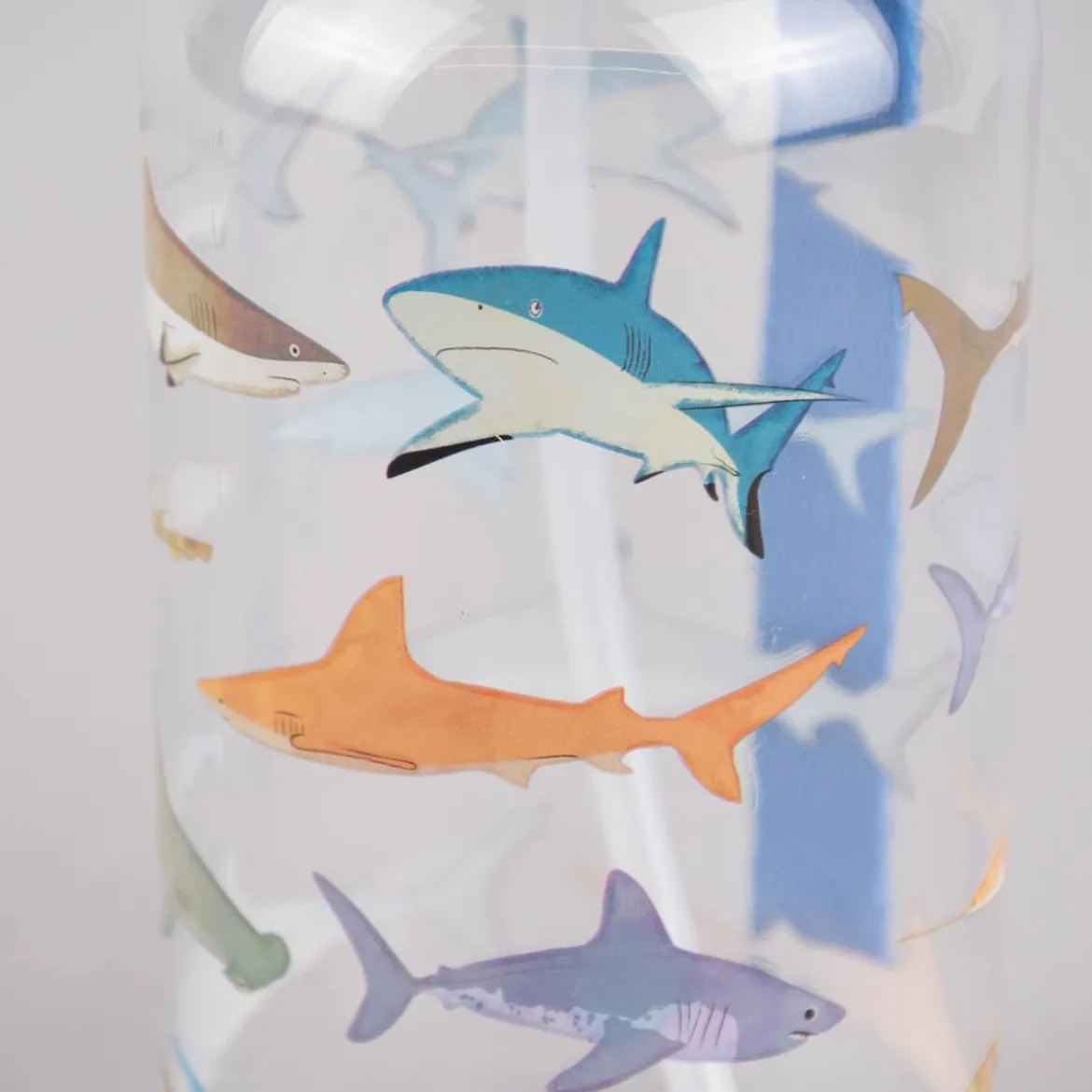 Kinder Trinkflasche mit Trinkhalm Hai transparent blau 500ml