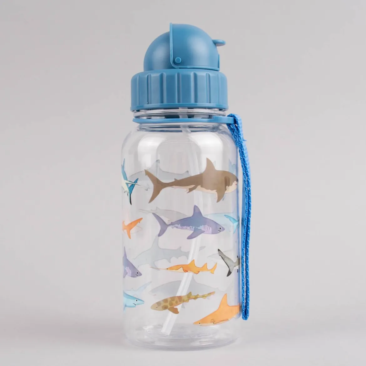 Kinder Trinkflasche mit Trinkhalm Hai transparent blau 500ml