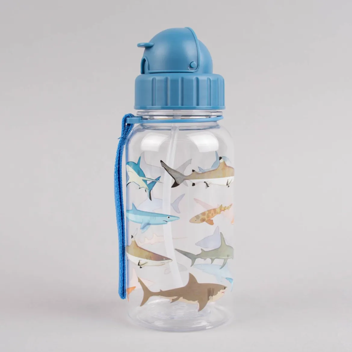 Kinder Trinkflasche mit Trinkhalm Hai transparent blau 500ml