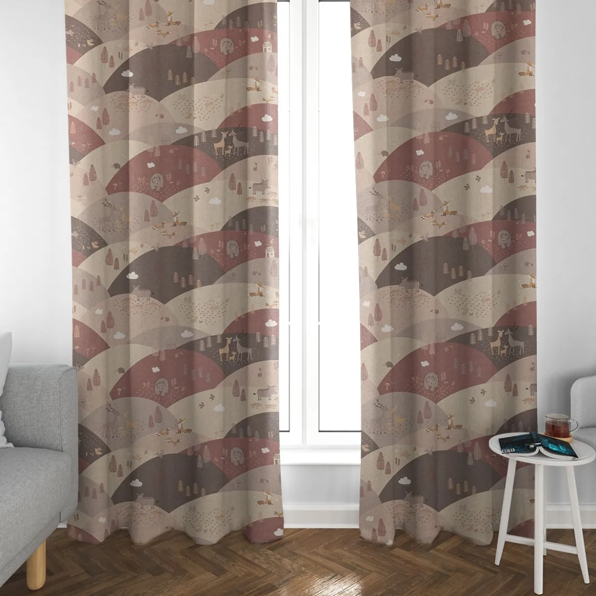 Kinderzimmer Vorhang Mountain Forest Animals Waldtiere Hügel Leinenlook rosa beige 245cm oder Wunschlänge von SCHÖNER LEBEN.