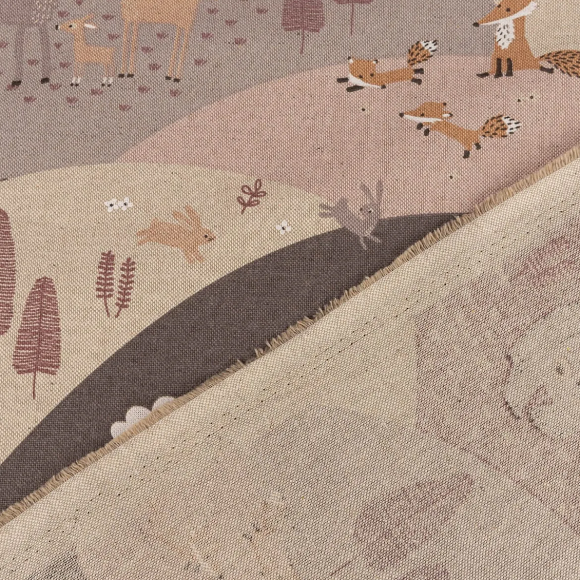 Kinderzimmer Vorhang Mountain Forest Animals Waldtiere Hügel Leinenlook rosa beige 245cm oder Wunschlänge von SCHÖNER LEBEN.
