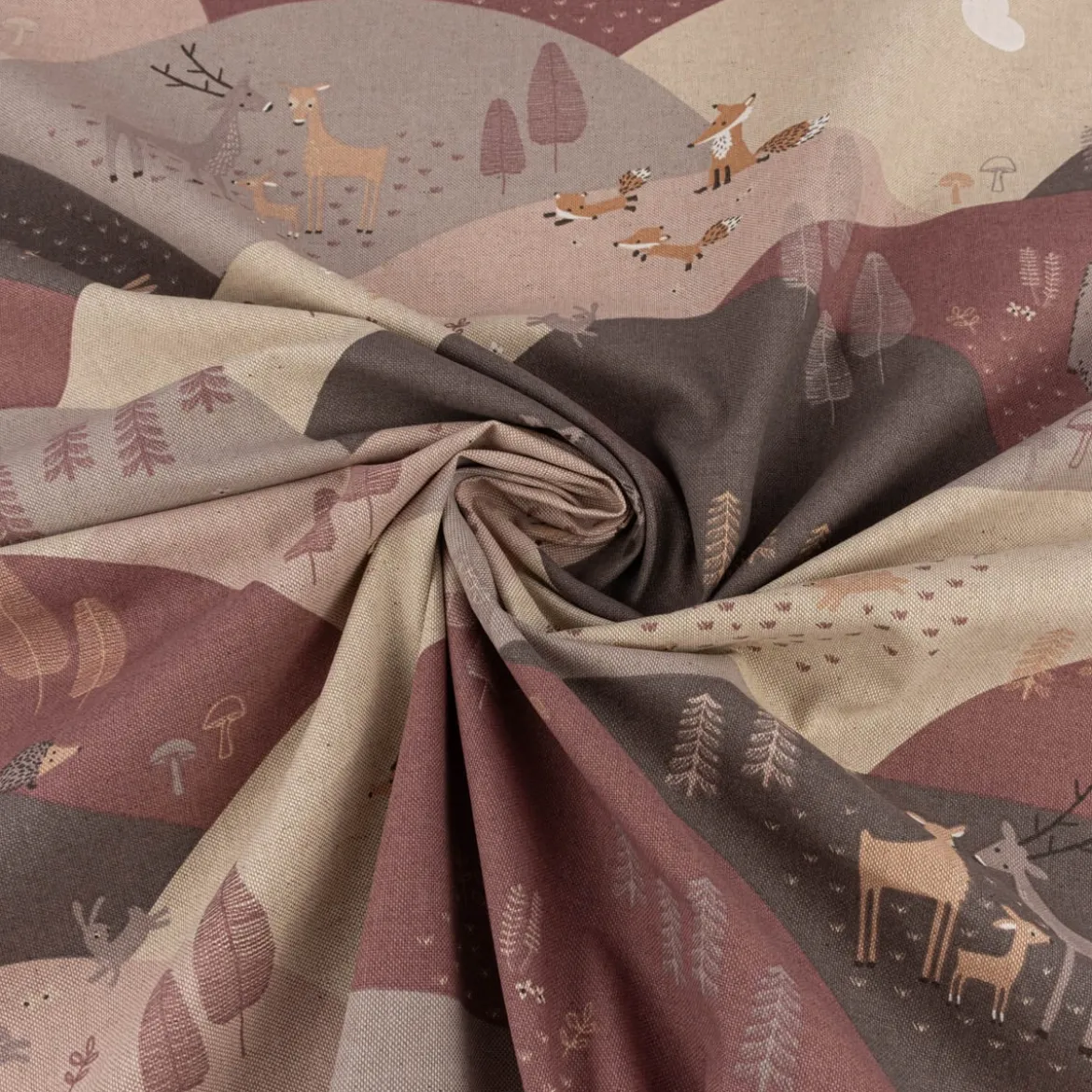 Kinderzimmer Vorhang Mountain Forest Animals Waldtiere Hügel Leinenlook rosa beige 245cm oder Wunschlänge von SCHÖNER LEBEN.