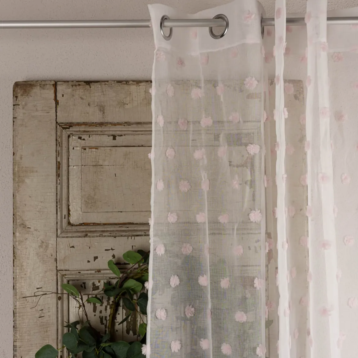 Kinderzimmer Vorhang Ösengardine mit Pompons weiß rosa 140x240cm