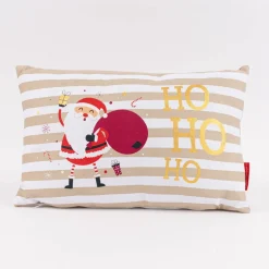 Kissen Ho Ho Ho Streifen Weihnachtsmann Schneesterne beige weiß rot gold 25x40cm von La Vida