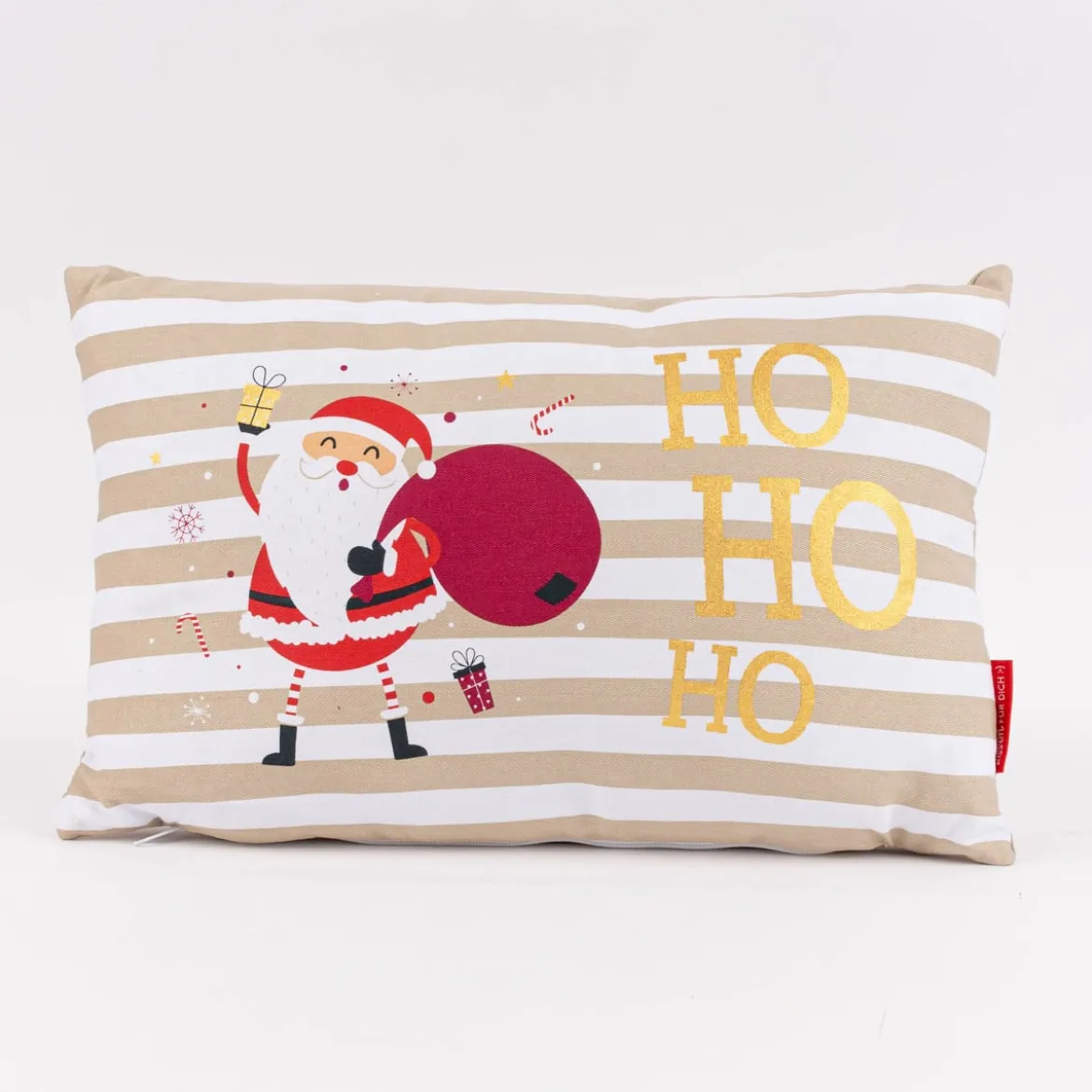 Kissen Ho Ho Ho Streifen Weihnachtsmann Schneesterne beige weiß rot gold 25x40cm von La Vida